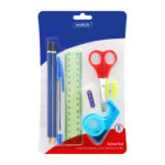 Pencil ,pen, ruler, sharpener, tape, scissors