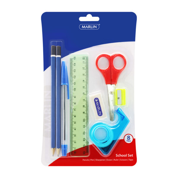 Pencil ,pen, ruler, sharpener, tape, scissors